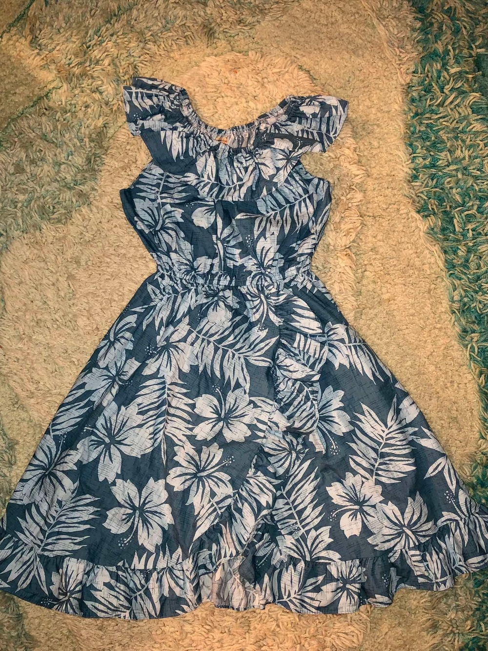 Girls Blue Floral Off-Shoulder Casual Dress